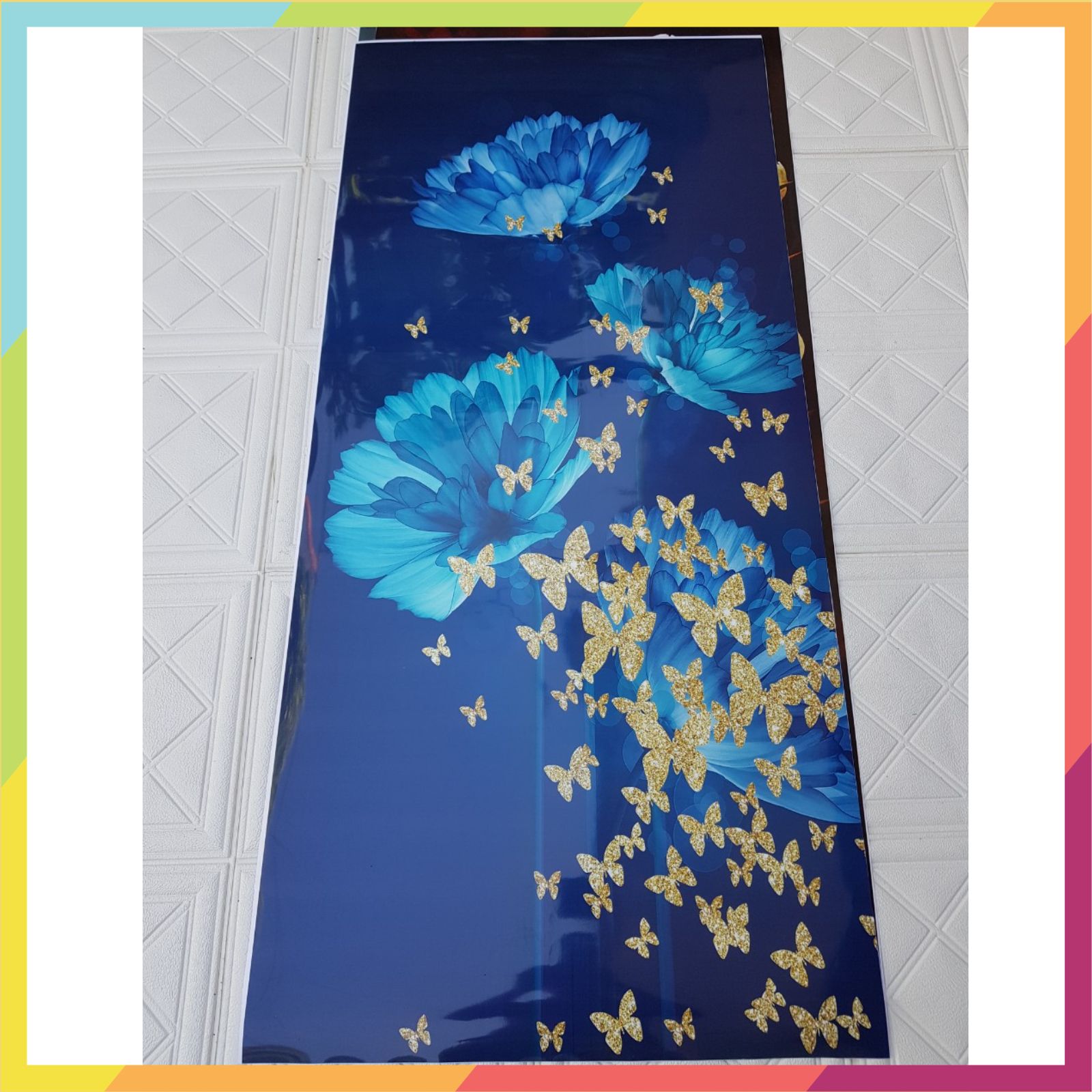 Decal dán tủ lạnh máy giặt chống nước in hình hoa ngài xanh, gồm 4 kích thước lựa chọn