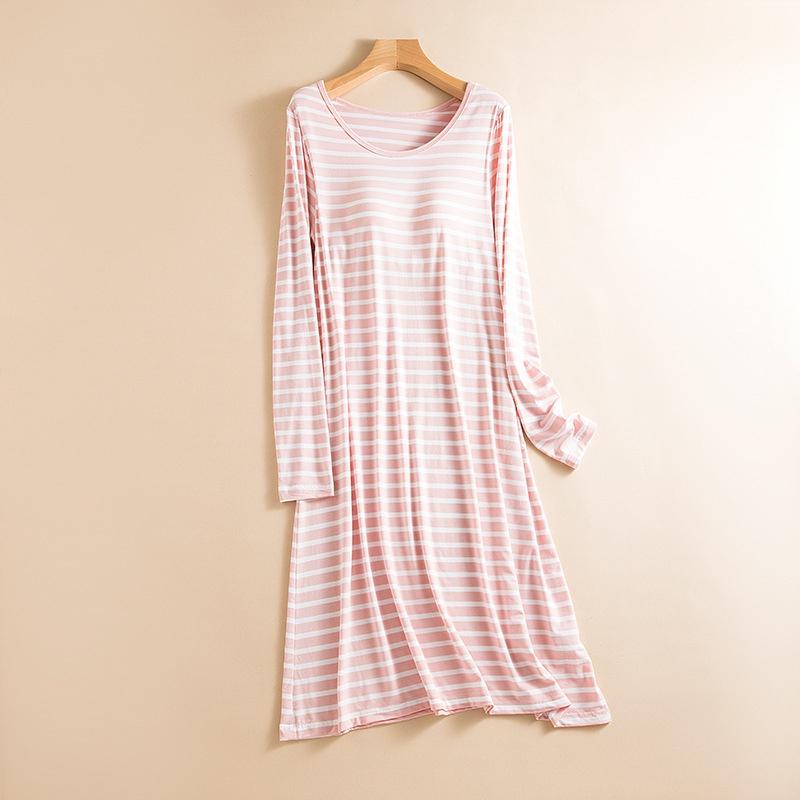 Váy đầm ngủ dài tay có mút đệm ngực mặc nhà hàng ngày vải Modal (gỗ Sồi) mềm mại thoáng mát mùa hè mã VAV0470 - M03 Kẻ xanh