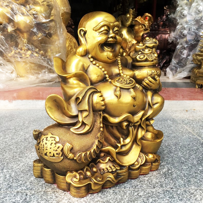 Tượng Phật Di Lặc kéo bao tiền bằng đồng thau phong thủy