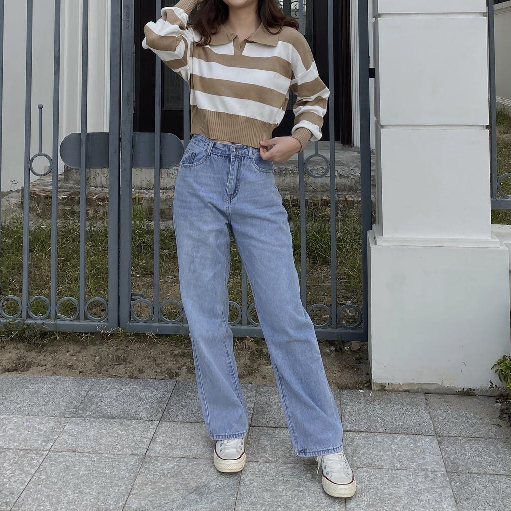 Áo len dài tay cổ polo kẻ ngang, dáng ngắn ulzzang - Made by Fiin (có video cận chất)