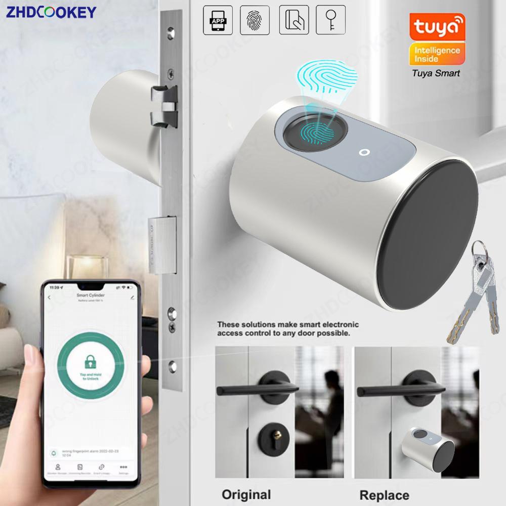 Trụ Khóa Thông Minh Tuya Bluetooth Châu Âu Sinh Trắc Học Vân Tay Thẻ RFID Chìa Khóa Ứng Dụng DIY Có Thể Điều Chỉnh Kích Thước Lõi Khóa Cửa Điện Tử
