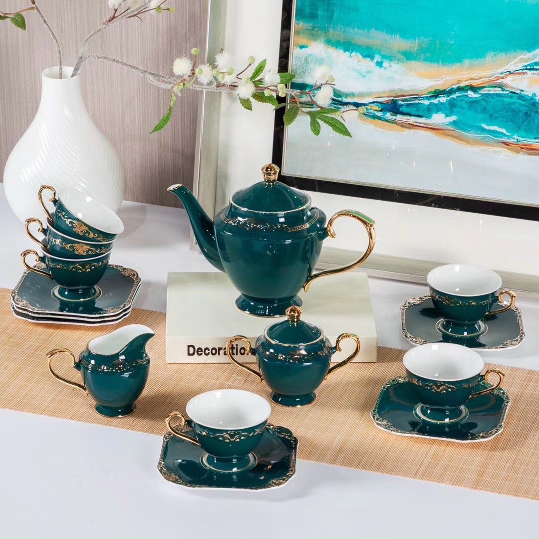 BỘ ẤM CHÉN PHA TRÀ SỨ XƯƠNG HOÀNG GIA XANH CỔ VỊT QUAI VÀNG CAO CẤP