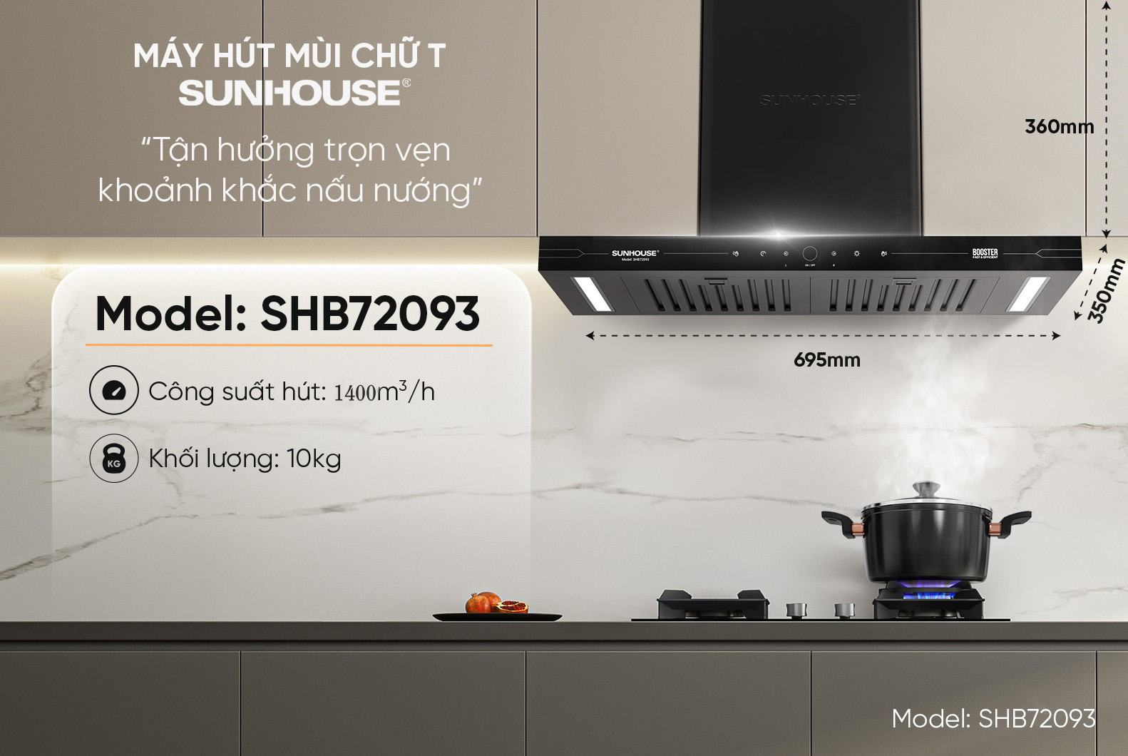 Máy hút mùi chữ T Sunhouse SHB72093, Công suất 220W, Công suất hút 1400m3/h,Công nghệ Ultra-Quiet độ ồn thấp, Điều khiển cảm biến thông minh, Chế độ Booster hút cực mạnh, Bảo hành 36 tháng tại nhà - Hàng chính hãng