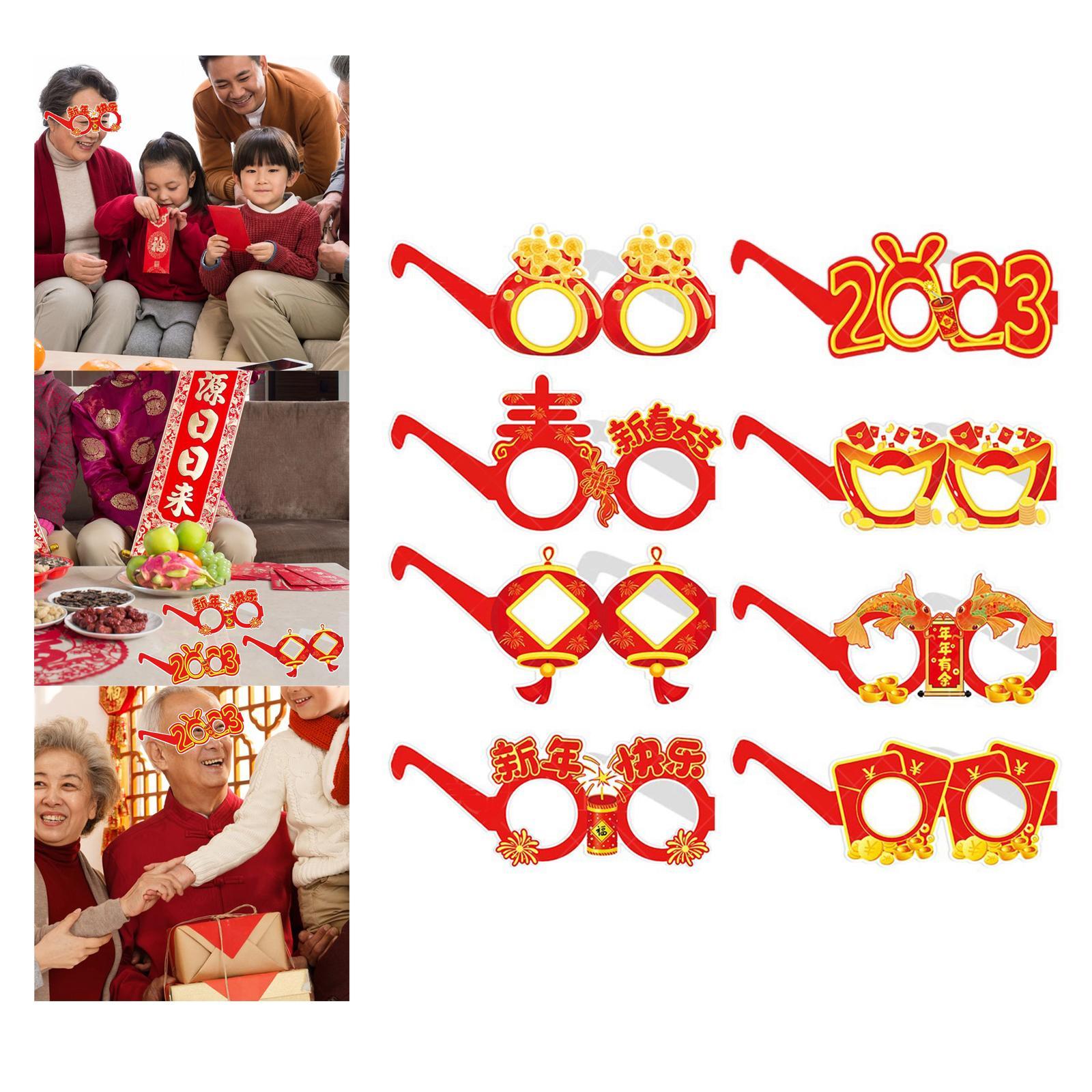 8x Cute New Year Photo Glasses Booth Props Frame Paper Prop Party Adults Kids Accessories
