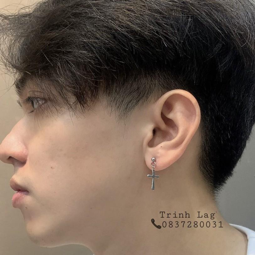 Khuyên sát tai phối thánh giá rơi nhỏ đen bạc nam nữ