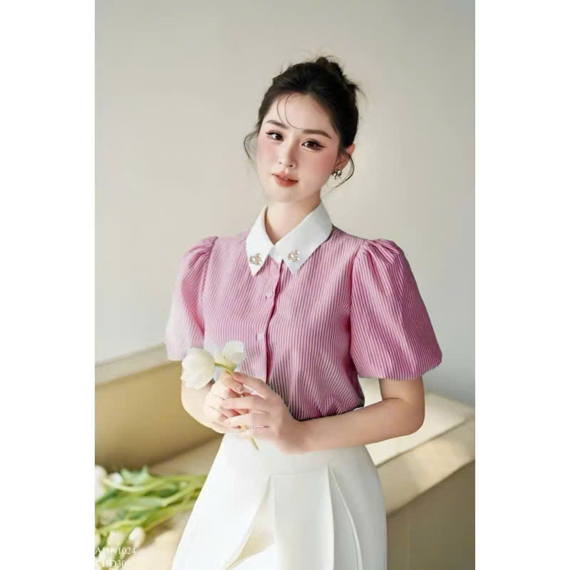 Áo cổ sơ mi kết ngọc tay phồng