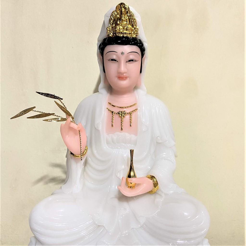 Tượng Phật Quan Âm Đá Trắng Ngọc Cao 30cm