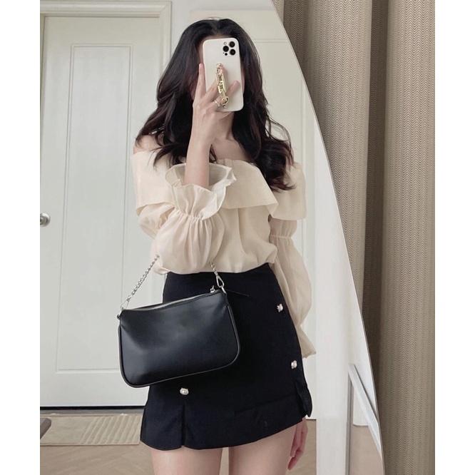 Set áo tơ trễ vai cv vải cát 6073