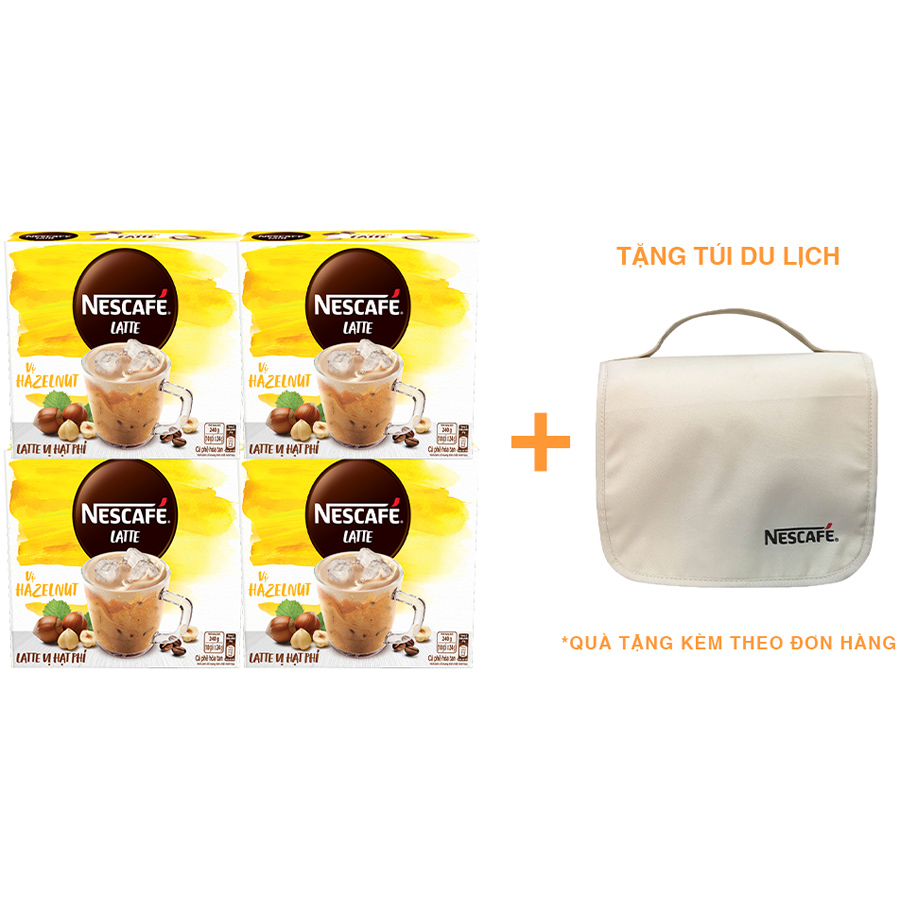 Combo 4 hộp cà phê hòa tan Nescafé Latte sữa hạt vị hạt phỉ (Hộp 10 gói x 24g) [Tặng túi du lịch - màu ngẫu nhiên]