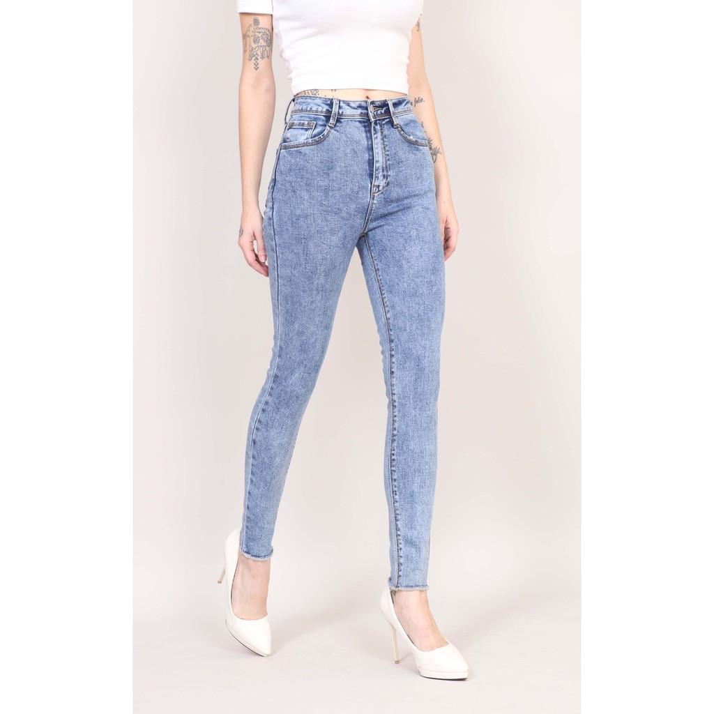 Quần Jean Nữ Skinny xanh đá Cạp Cao co giãn Gấu Tua Rua CT JEANS