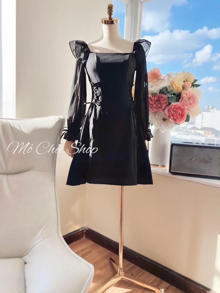 Đầm xòe cổ vuông đan eo dài tay