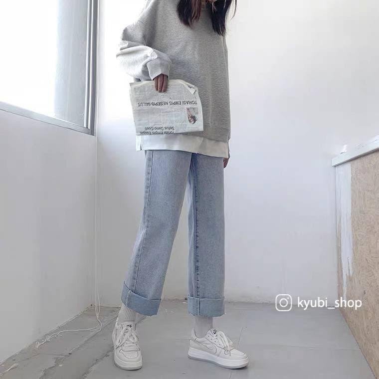 Quần Jean baggy ống suông rộng nữ Ulzzang Kyubi cơ bản có lai - Jean cullote Kyubi BJR21L