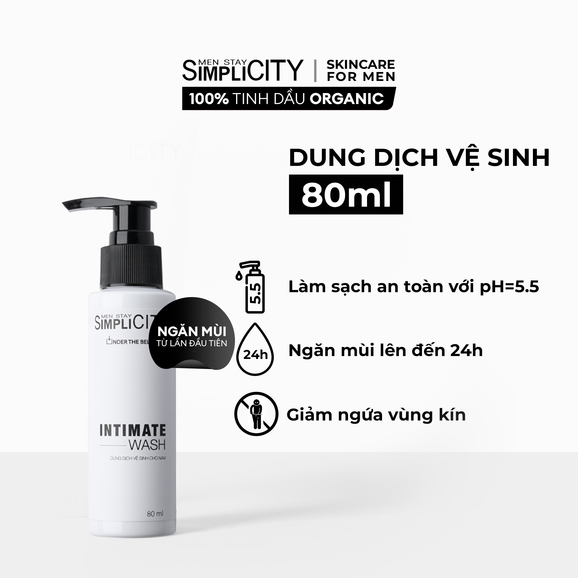 Dung dịch vệ sinh nam Men Stay Simplicity giảm ngứa, làm sạch &amp; ngăn mùi hiệu quả Intimate Wash 80ml