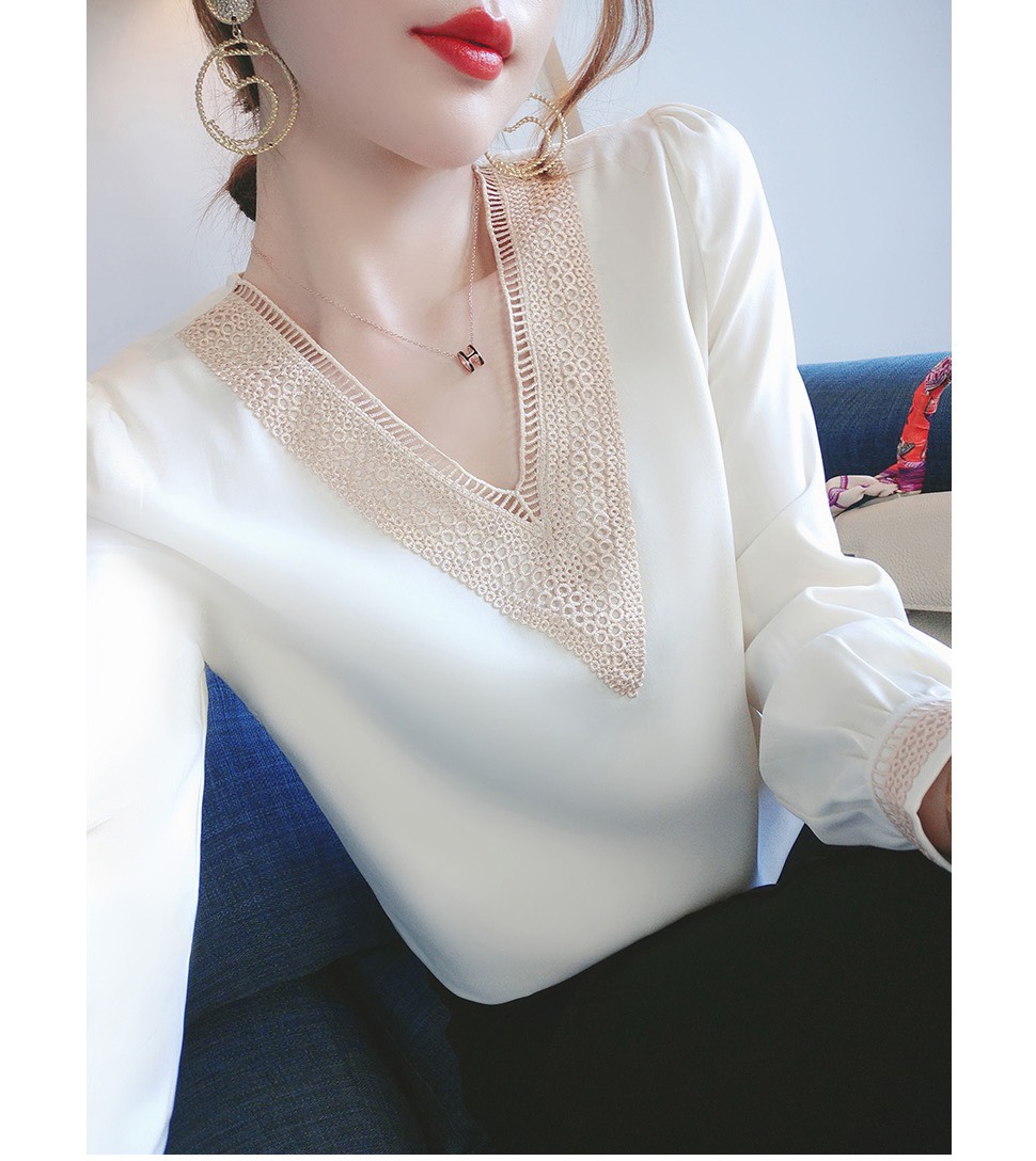 Áo sơ mi trơn phối ren cổ V sang trọng BY3334