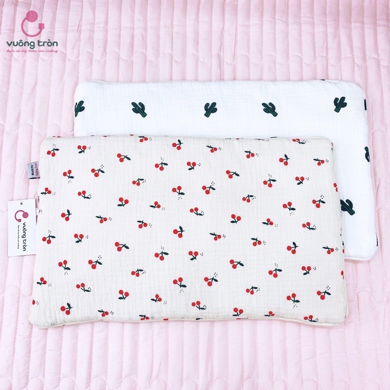 Vải xô muslin 2 lớp hình cherry  nền trắng tinh