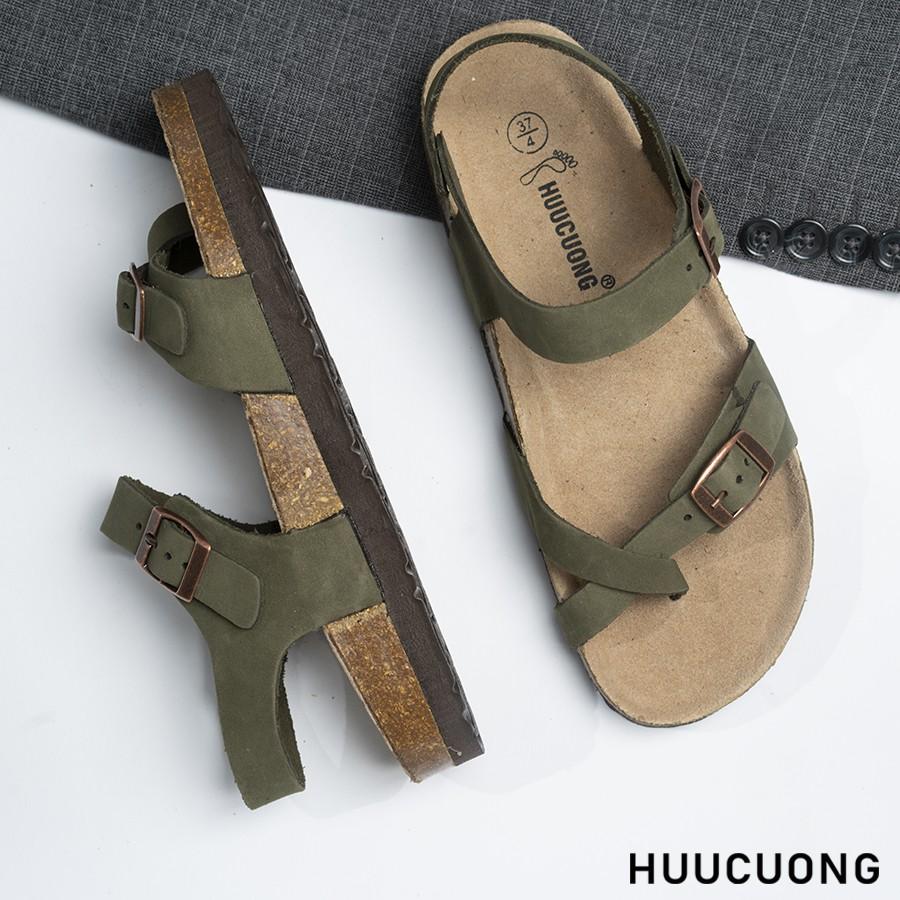 Sandal Unisex HuuCuong xỏ ngón Da Bò rêu đế trấu handmade