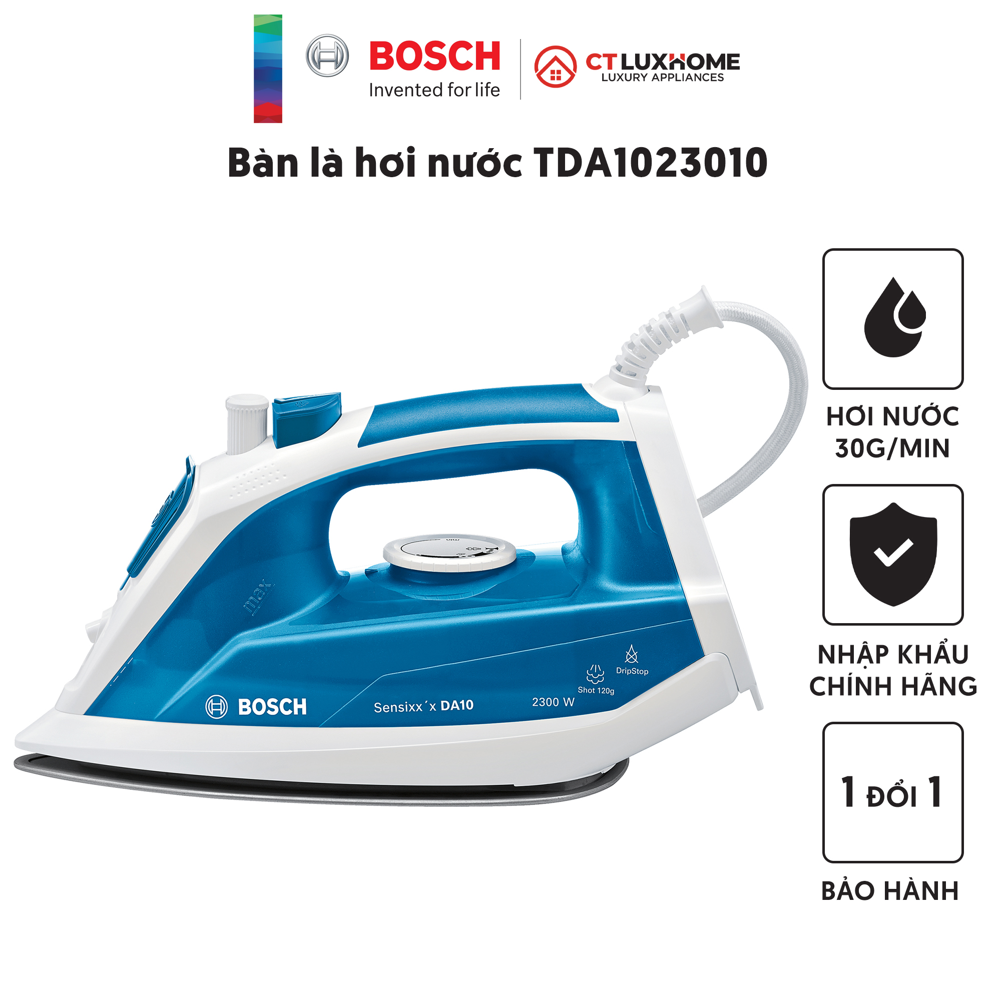 Bàn là hơi nước, Bàn ủi hơi nước Bosch TDA1023010 2300W, 50/60Hz, Hơi nước 30g/phút [Hàng chính hãng]