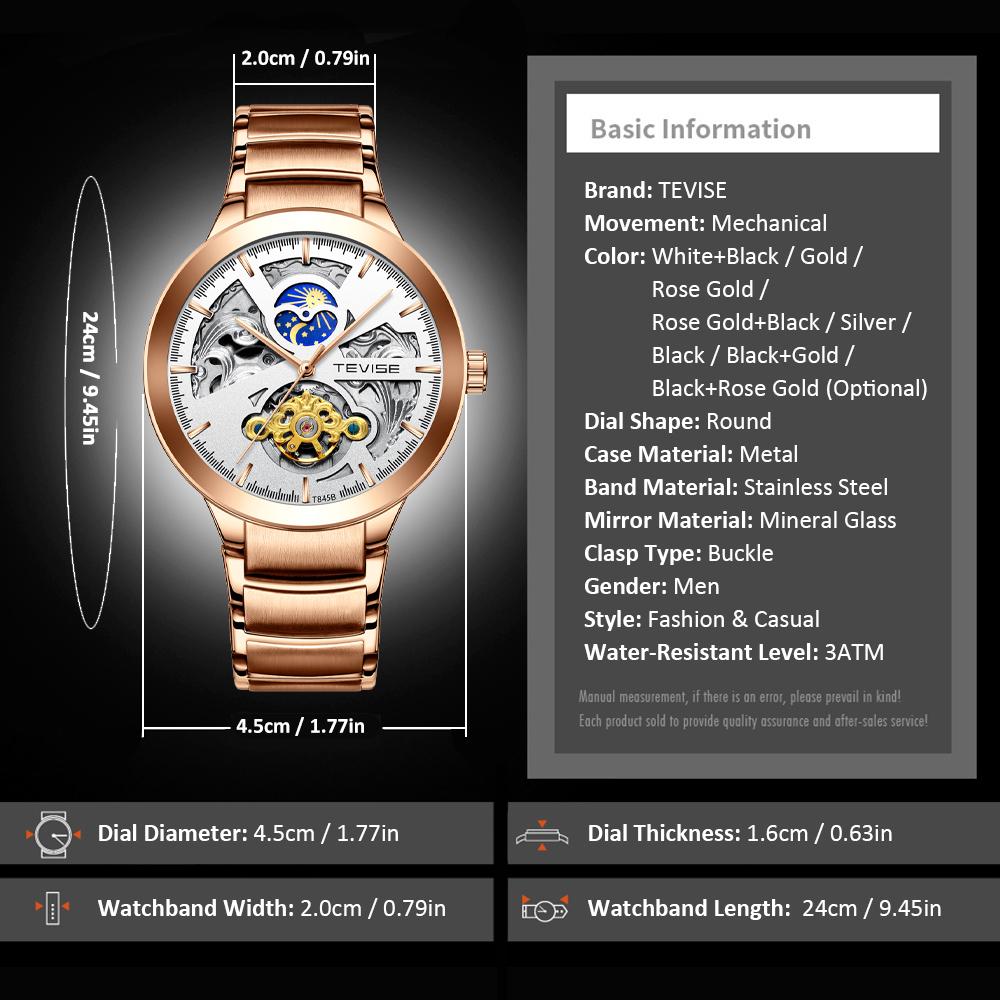 Đồng hồ cơ TEVISE T845B Nam hiển thị thời gian hẹn giờ Dây đeo bằng thép không gỉ 3ATM Chống thấm nước