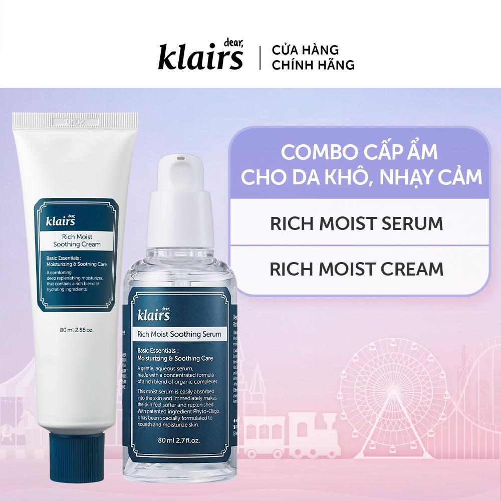 Combo Dear, Klairs tinh chất Rich Moist Soothing Serum 80ml + Dear, Klairs Kem dưỡng Rich Moist Soothing Cream 80ml