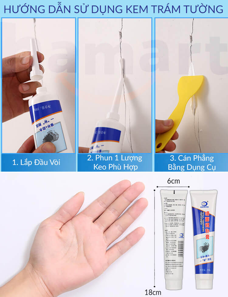 Keo Vá Trám Tường Đa Năng Che Vết Nứt Sửa Chữa Tường Nhà Hiệu Quả Kèm Đầu Nối & Dụng Cụ Trám