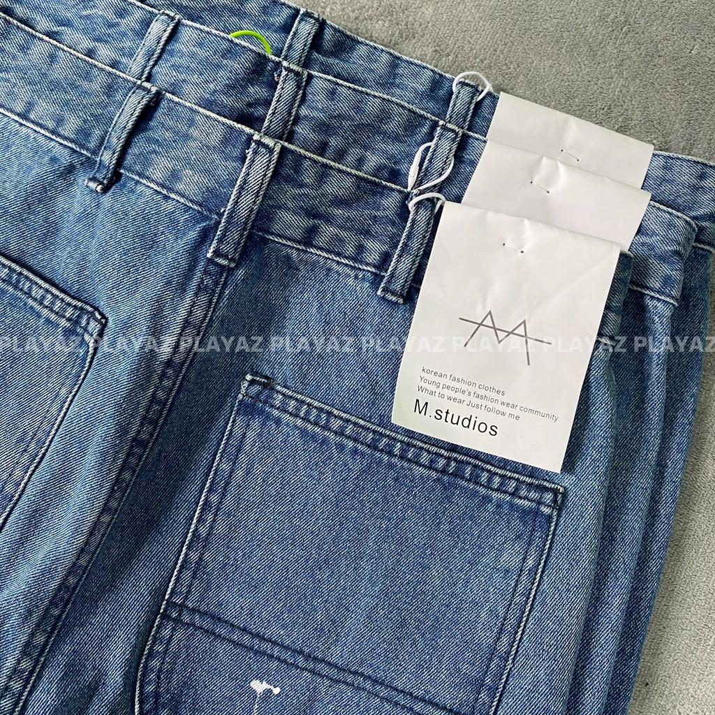 Quần Jeans Ống Loe Xả Lai Vẩy Sơn PLAYAZ Phong cách Vinatge Xanh - Đen