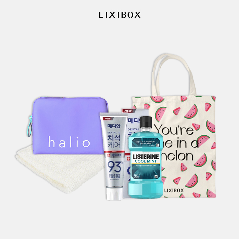 [HB Gift] Combo Túi tote Dưa Hấu, Kem Đánh Răng Median, Nước Súc Miệng Listerine, Khăn Mặt Lixibox, Halio Candy Bag