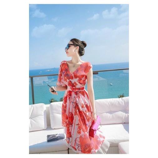 Đầm vol lụa Hoa phối tà xéo