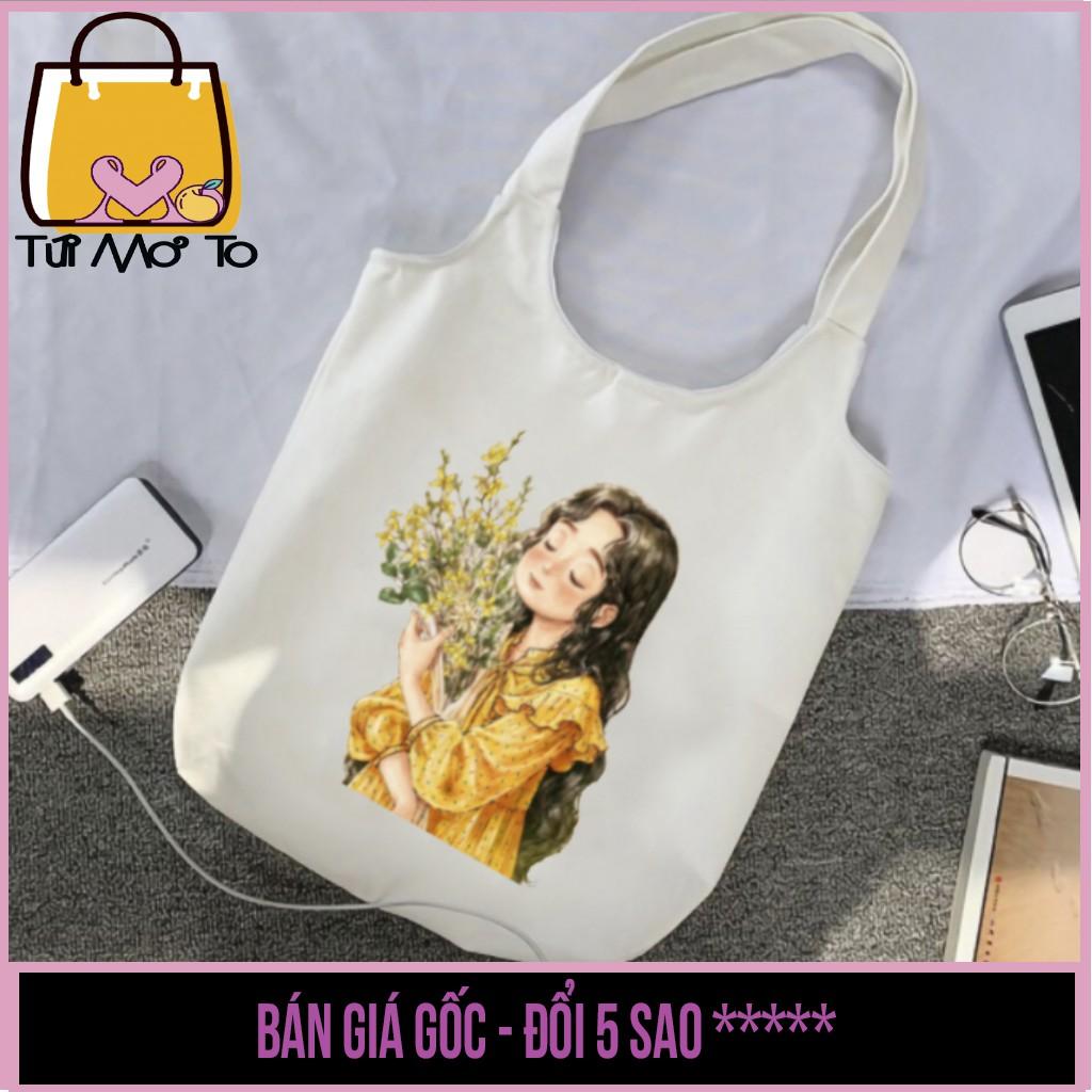 Túi Tote canvas quai tròn có khóa kéo in hình cô gái ôm hoa - Túi Mơ To store