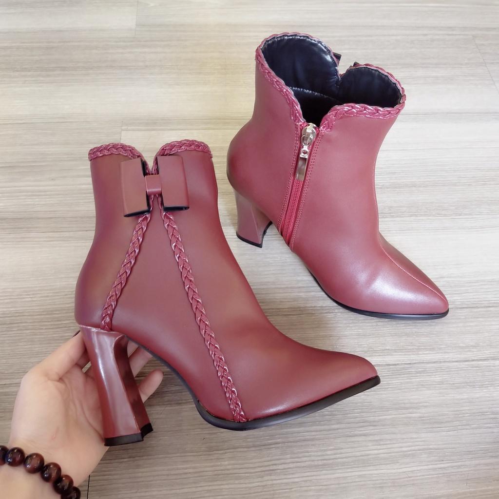 Boot thời trang nữ da lì đính nơ cao cấp ROSATA RO370 - Đen, Đỏ - HÀNG VIỆT NAM - BKSTORE