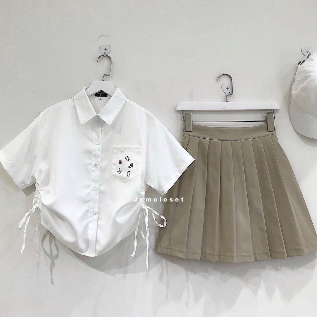 Áo Sơ Mi Croptop Nữ Dây Rút Áo Croptop Nữ Form Rộng Phong Cách Ulzzang Dễ Thương KOS Có 2 Màu Trắng Đen 10045