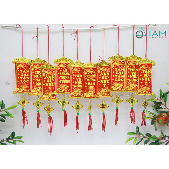 Set 10 dây liễn chữ nhật in chữ bản 6cm treo cây mai đào Tết T-PKTMD-55