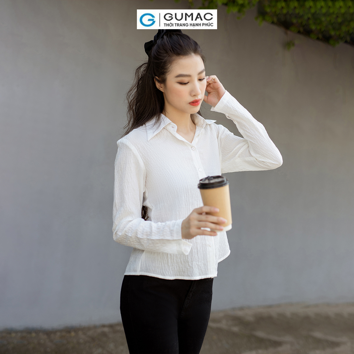 Áo sơ mi nữ tay dài không nhăn kiểu nhún eo thanh lịch thời trang GUMAC AD07019