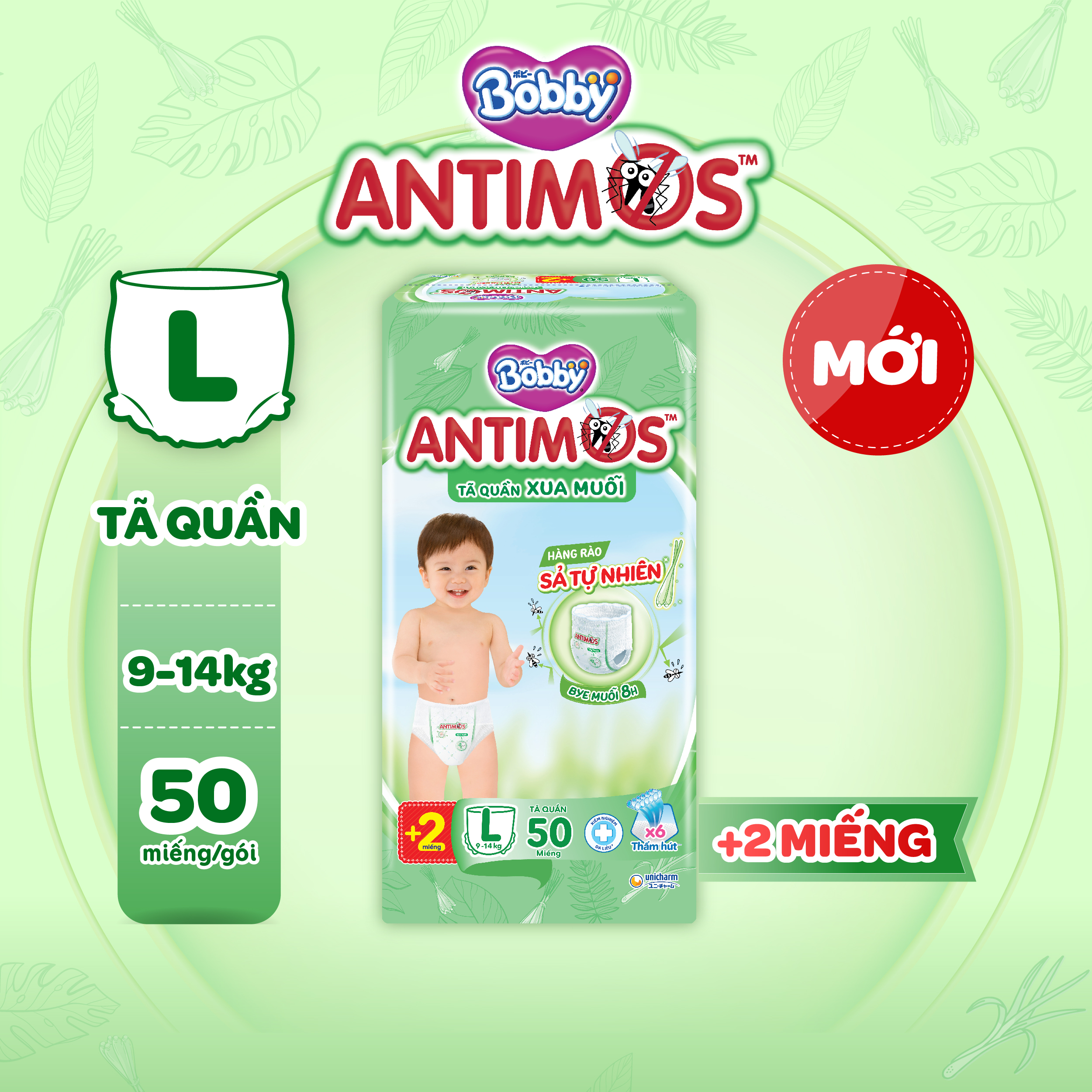 [TẶNG KÈM 2 MIẾNG] Tã Quần Xua Muỗi Bobby Antimos – Hàng rào Sả tự nhiên Bye Muỗi 8H - Size L 50 miếng