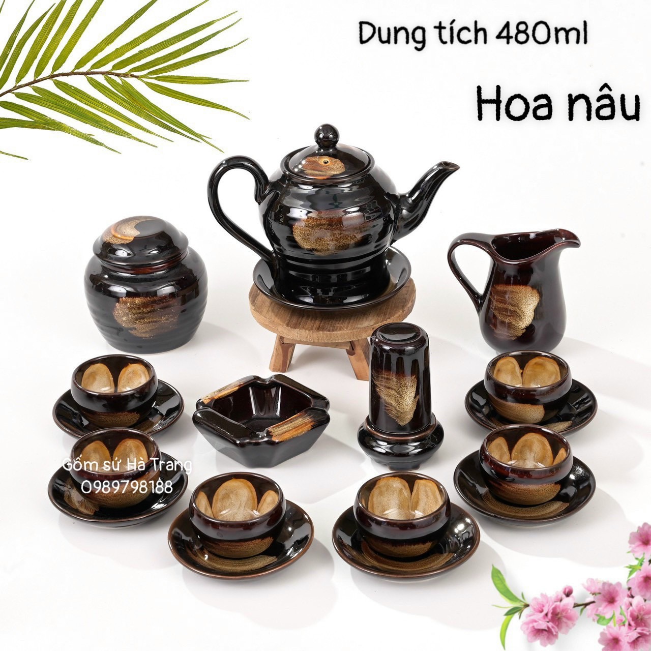Bộ trà gốm sứ Bát Tràng cao cấp không chì men hoả biến nâu phẩy lòng hoa nâu dung tích 480ml