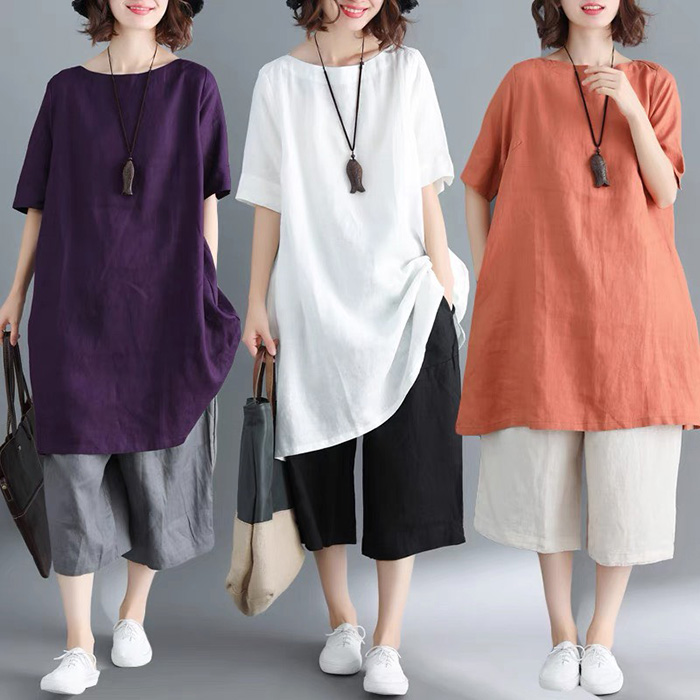 Đầm suông cổ tròn tay lỡ basic Linen bột Premium 3 màu lựa chọn (Cam, tím huế, Trắng)
