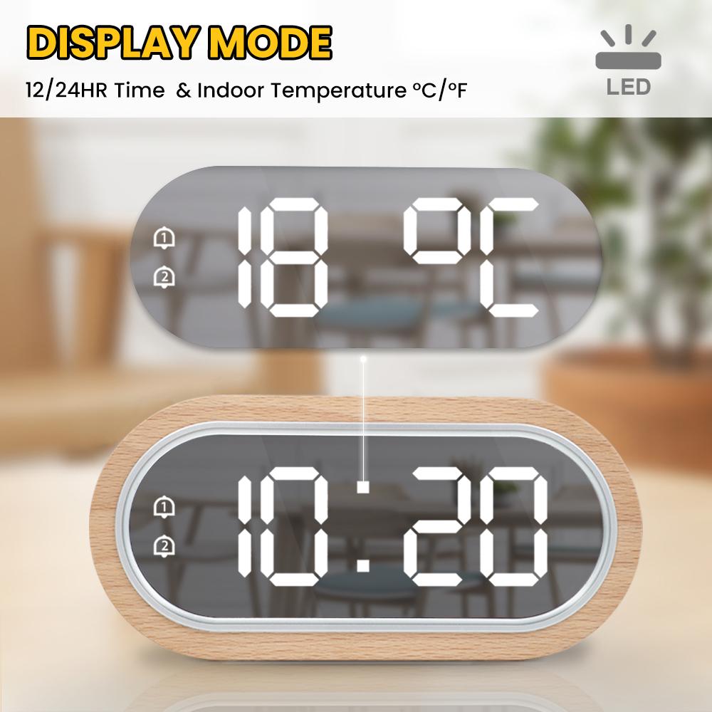 Beech Wood Digital Clock Dual Alarm Snooze USB Alarm Clock Table Thermometer Electronic LED Wooden Desk Clock 4-Level Brightness for Living Room Office