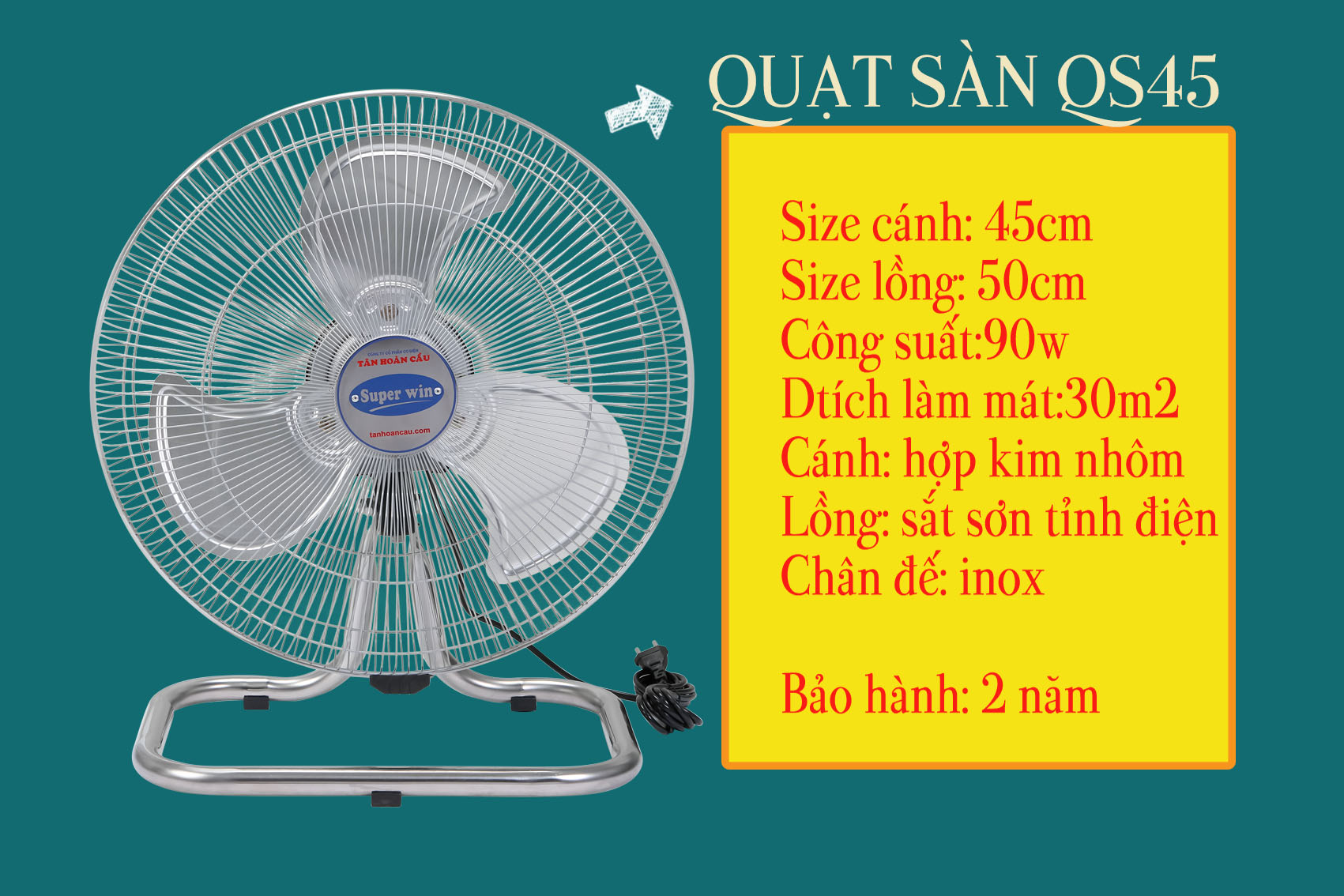 QUẠT SÀN CÔNG NGHIỆP TÂN HOÀN CẦU SUPERWIN CÁNH 40CM-90W (HÀNG CHÍNH HÃNG)