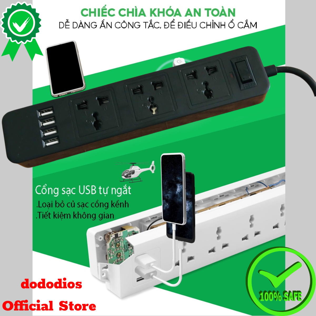 Ổ cắm điện đa năng dododios có sạc nhanh PD 20W cổng USB + typeC, 4-8 lỗ cắm tải 2500W an toàn chống giật, chịu nhiệt - Hàng chính hãng