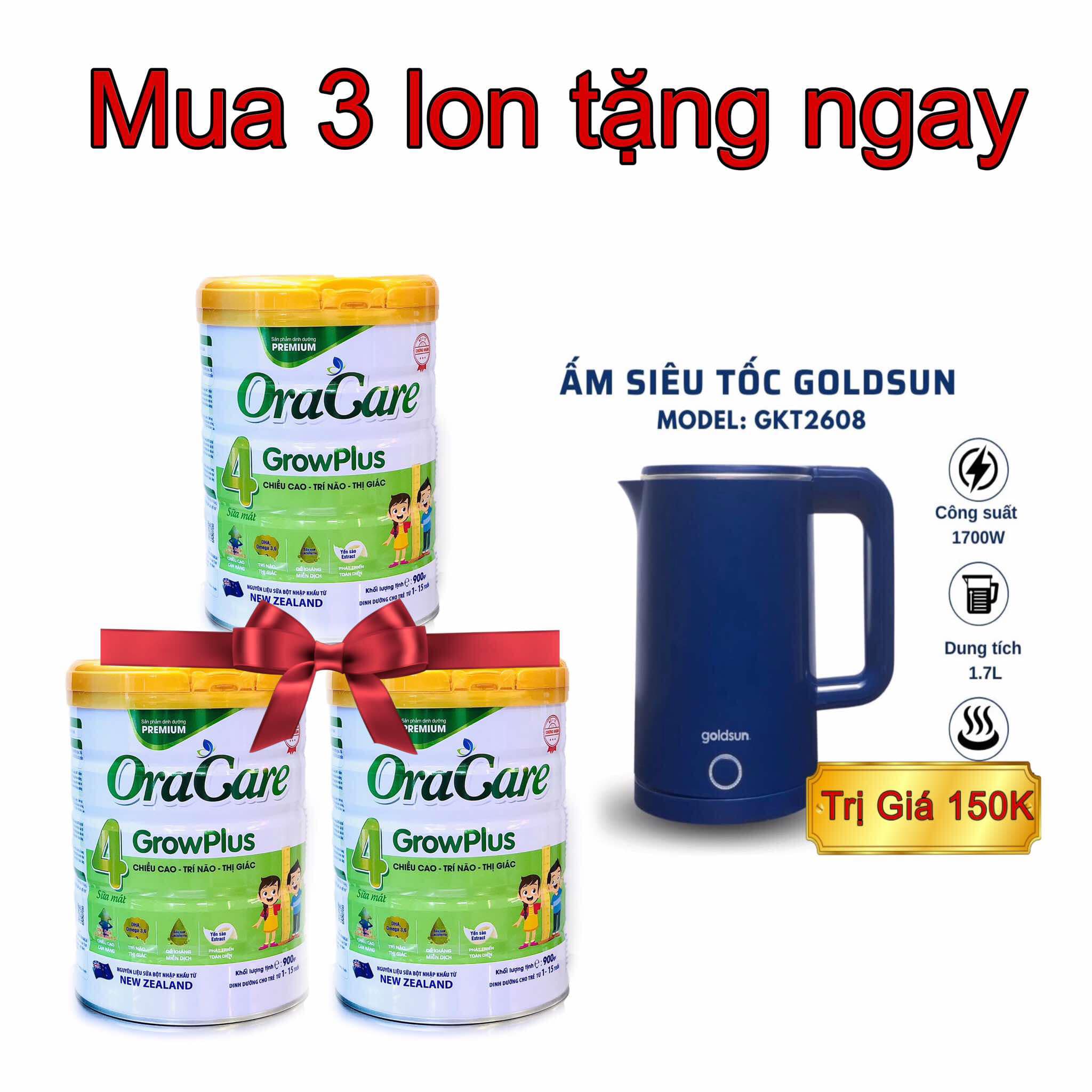 Combo 3 lon Sữa Oracare Grow plus step 4 lon 900gr - Tặng ấm đun siêu tốc