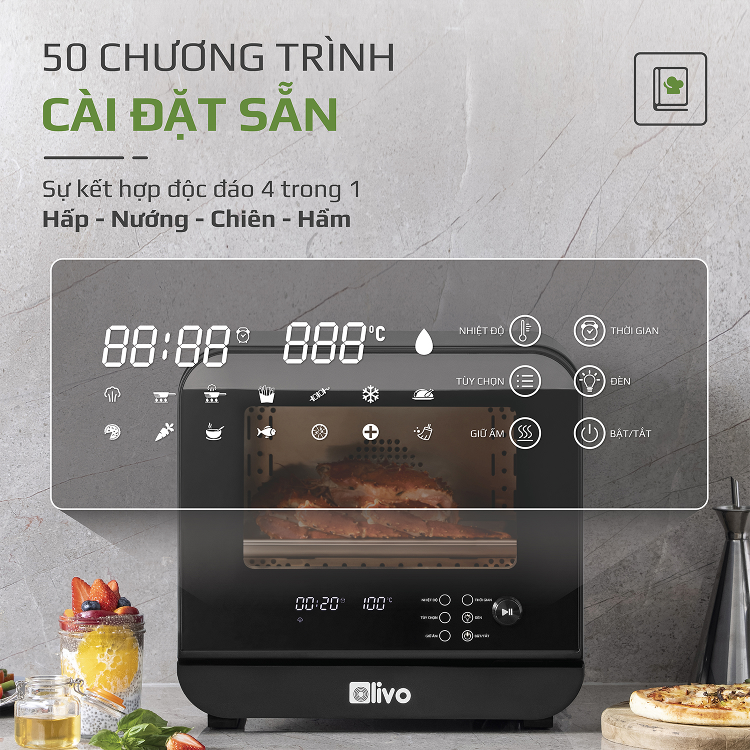 Nồi Chiên Hơi Nước OLIVO SF18 - 50 Chức Năng - Dung Tích 18L - Công Suất 2450W - Hàng Chính Hãng