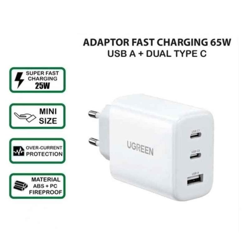 Ugreen UG90496CD275TK 65W Bộ sạc nhanh gồm 2 cổng USB-C + USB-A chuẩn cắm EU Màu Trắng - HÀNG CHÍNH HÃNG