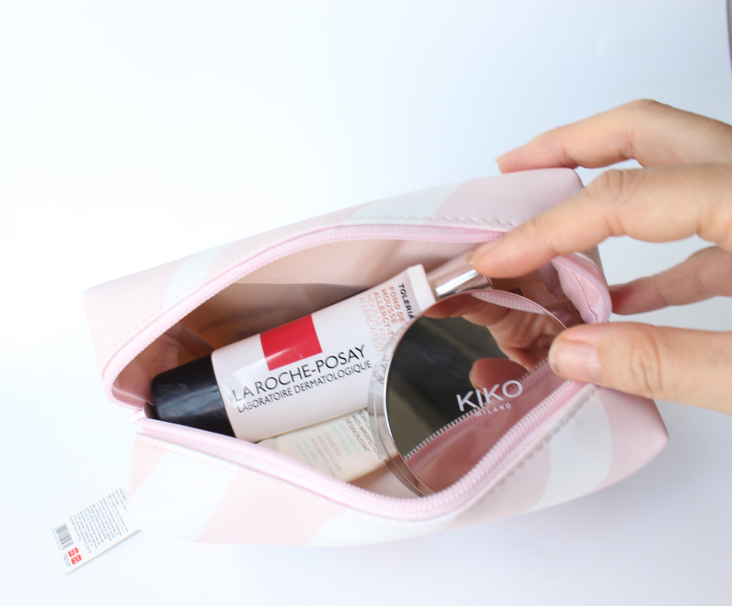 Túi đựng đồ trang điểm mỹ phẩm hình chữ nhật Miniso Striped Square Cosmetic Bag (kẻ trắng hồng), thiết kế Nhật Bản, hàng chính hãng – MNS048