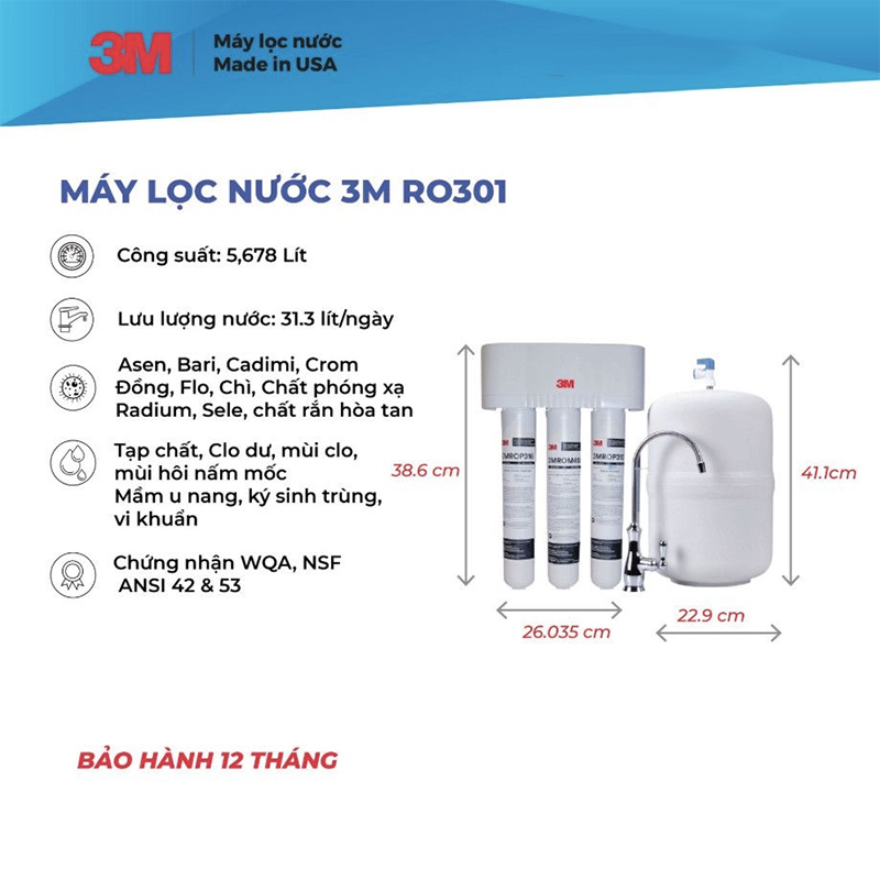 Máy Lọc Nước Mỹ 3M RO301 Lắp Dưới Bồn Rửa - R.O 3 Lõi Không Dùng Điện (70020320399)