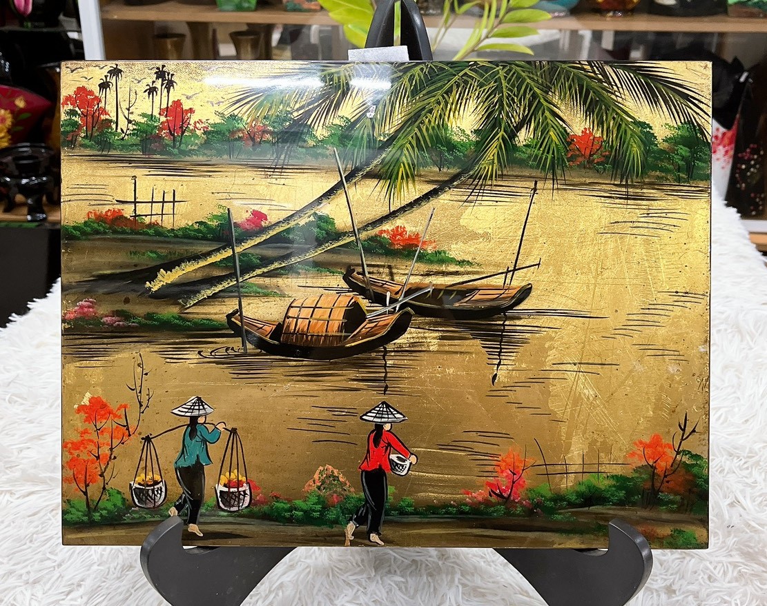 Tranh sơn mài phong cảnh, đồng quê, sông nước nền dát vàng/ bạc, hàng xuất khẩu size 30x40 cm