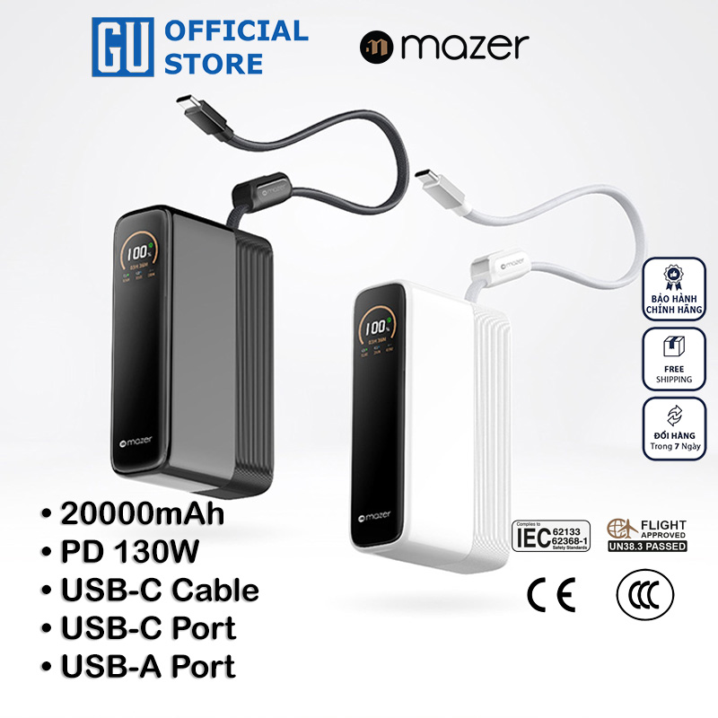 Pin Dự Phòng Kèm Cáp MAZER Ai PowerCharge Laptop PD 130W Dung Lượng 20.000 mAh Có Màn Hình Ai Hiển Thị Pin Và Công Suất Hàng Chính Hãng