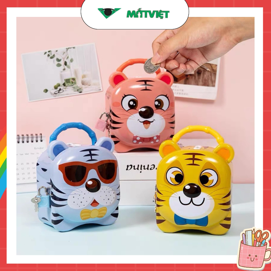 Hộp tiền tiết kiệm Hổ con kèm khóa an toàn hộp tiết kiệm tiền cho bé chất liệu hợp kim dễ thương an toàn cho bé