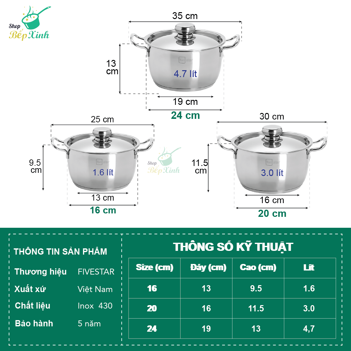 Bộ 3 Nồi Thân Cool Thấp Nắp Inox Fivestar FS06C-1 - Hàng Chính Hãng