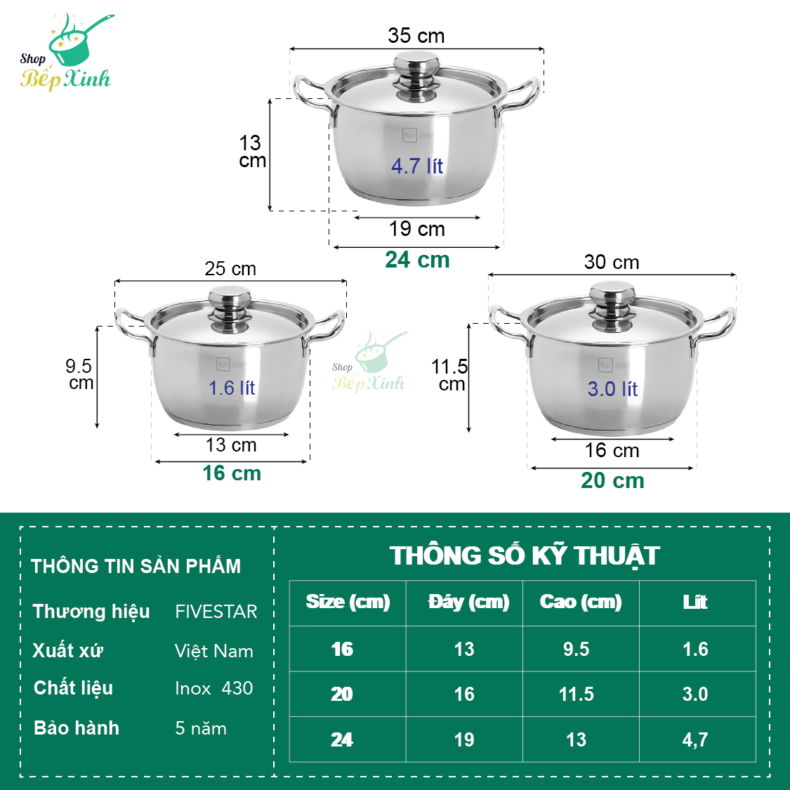 Bộ nồi inox 430 Fivestar Standard nắp inox FS-B3010 , tặng 1 vá canh