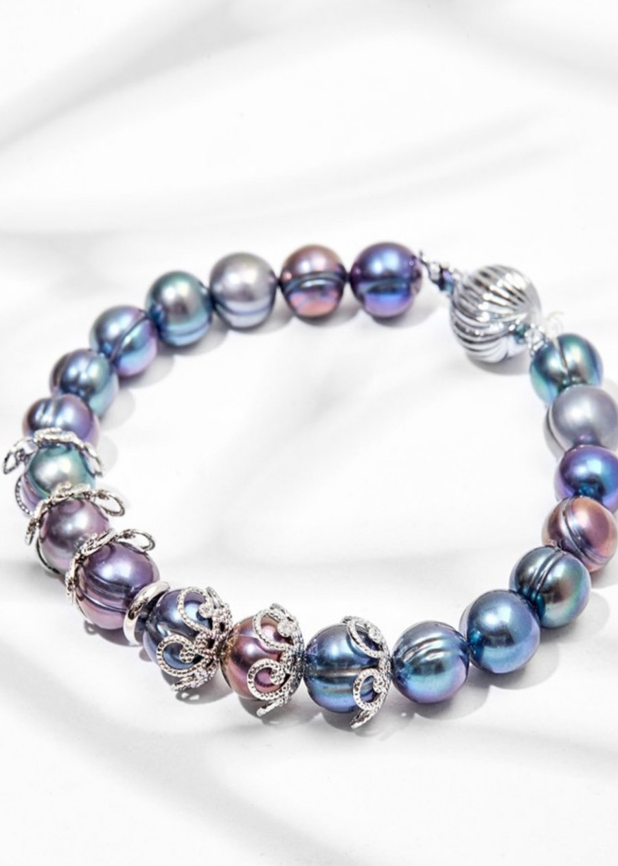 Vòng Tay Ngọc Trai Hồng Tím Charm Hoa Cỏ 8MM
