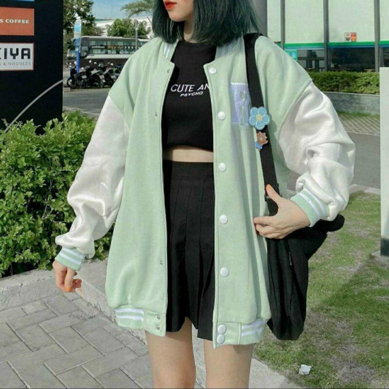 Áo khoác cardigan nữ bomber thêu chữ R form rộng phong cách Hàn Quốc